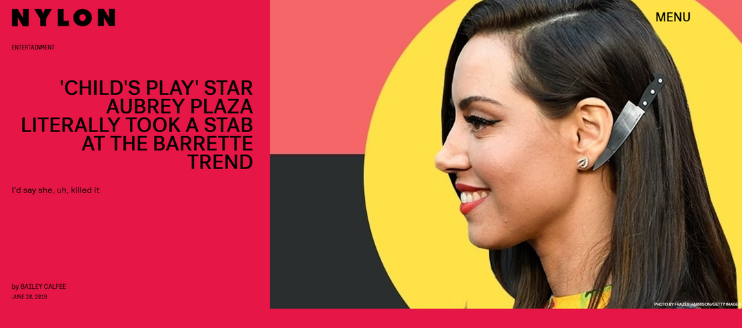 Actress and producer Aubrey Plaza wearing our 4" Chef's Knife Barrette in her hair.