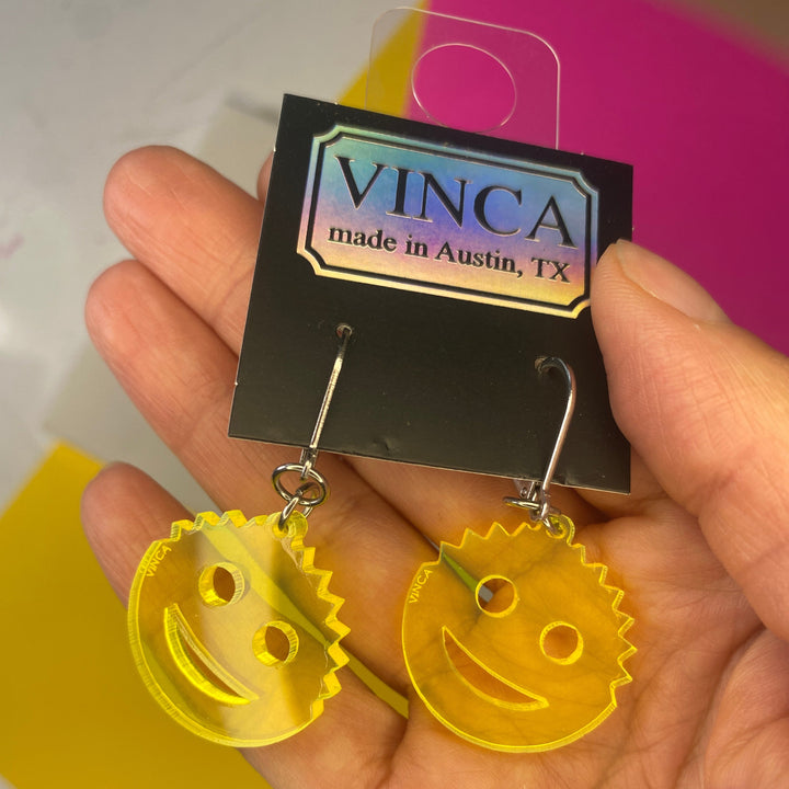 Sample Small Scrub Daddy Dangle Earrings in Transparent Neon Yellow (bin D-1009)