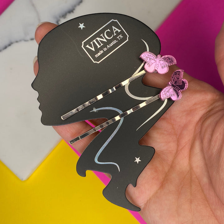 Sample Frida Kahlo-inspired Butterfly Bobby Pins set of 2 Small Mirror Pink (bin C-103)