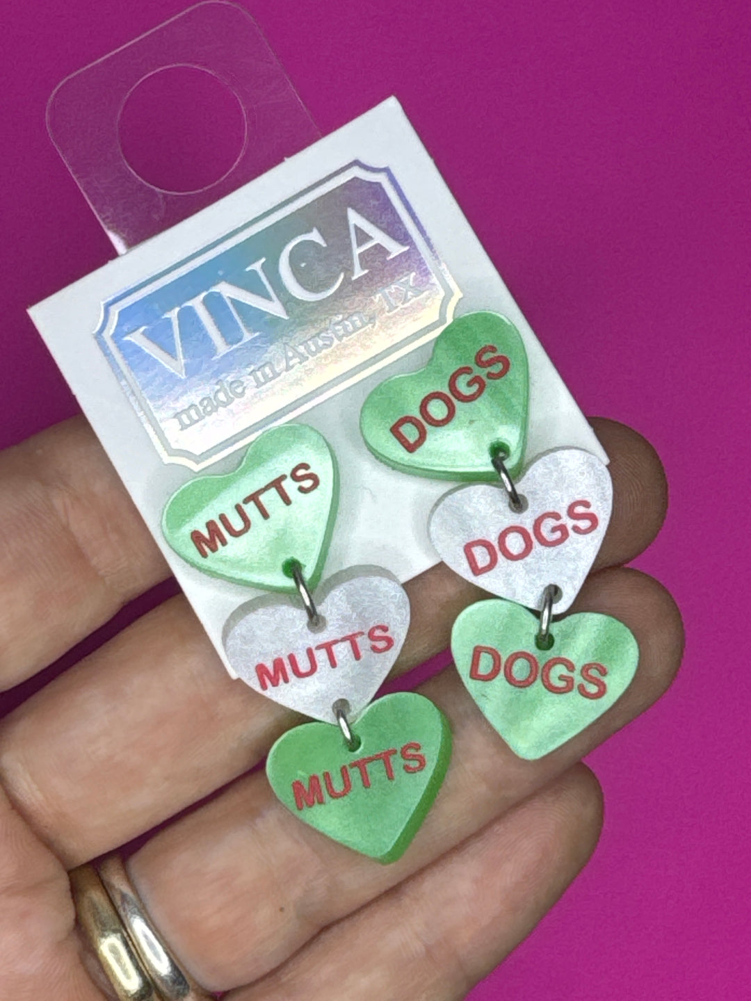Sample Sale! Dogs/Mutts Candy Heart Earrings - Green (x-96)
