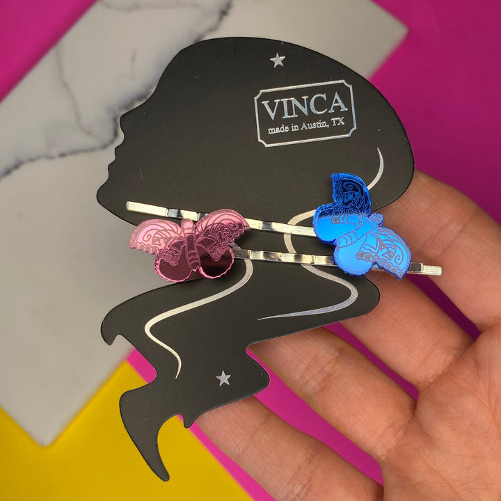 Sample Frida Kahlo-inspired Butterfly set of 2 BIG Mirror Pink & Blue Bobby Pins (bin C-104)