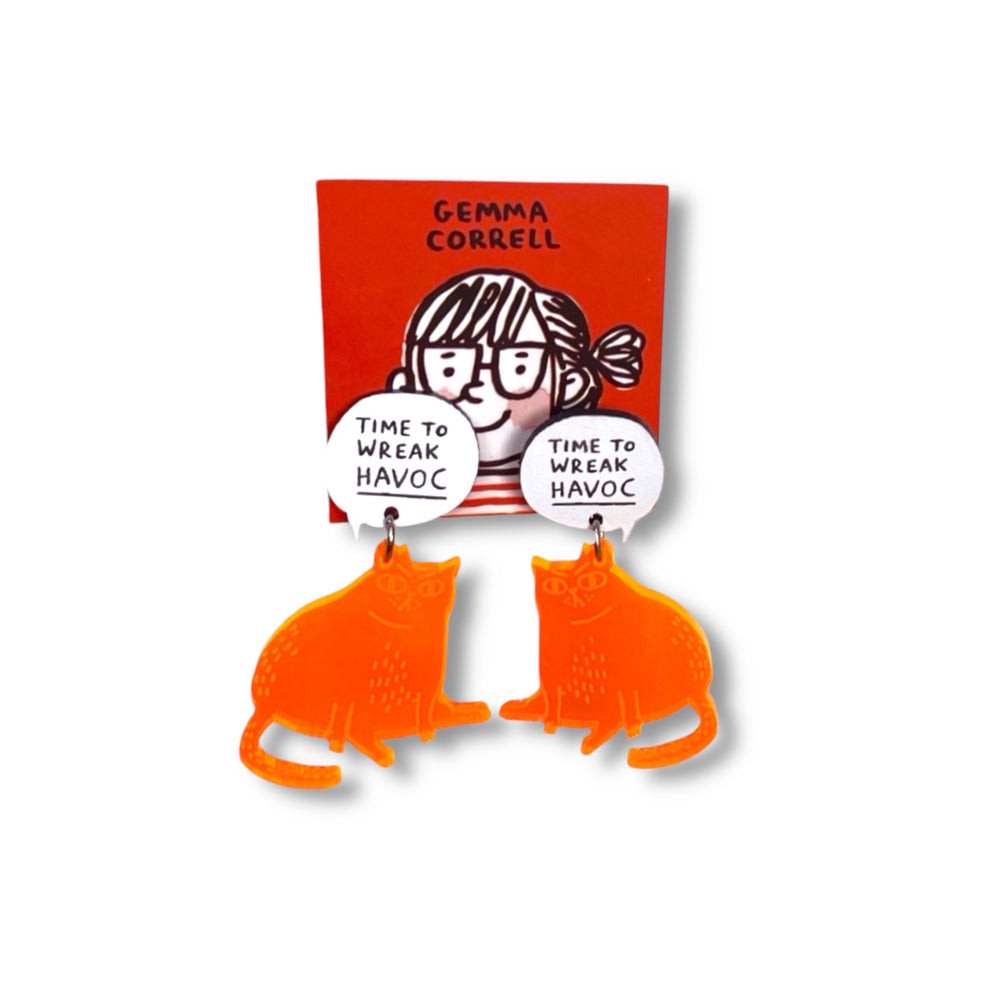 Gemma Correll earrings with transparent neon orange cats with 'Time to Wreak Havoc' on a white background.