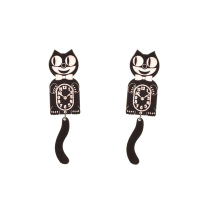Extra large Kit-Cat Klock plastic black and white earrings on a white background.