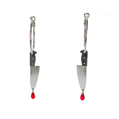 Stainless steel hoop earrings with plastic chef's knife charms and Austrian crystal blood drops. 
