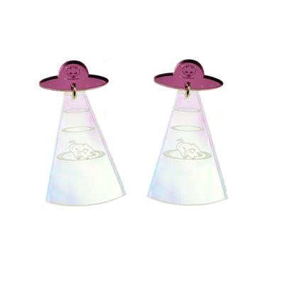 Pink and iridescent Cat from Meow-ter Space earrings on a white background.