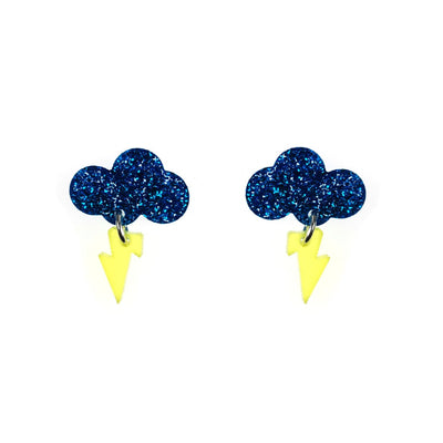 Glitter blue cloud and frosted yellow lighting bolt earrings.
