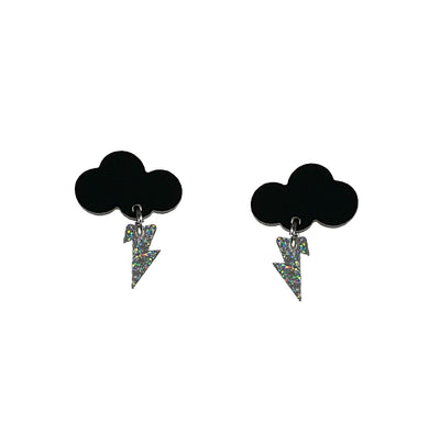 Matte black cloud earrings with holographic glitter bolts on a white background.