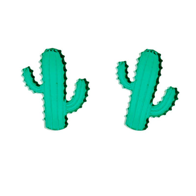 Mirror green plastic cactus earrings on a white background.