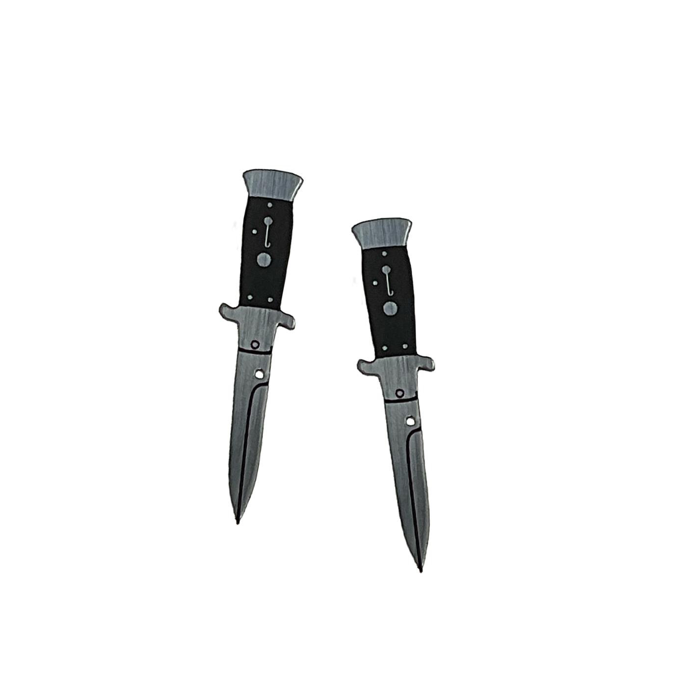 Silver tone switchblade knife earrings on a transparent background.