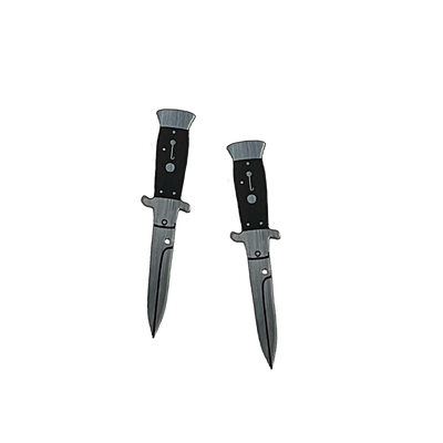 Silver tone switchblade knife earrings on a transparent background.