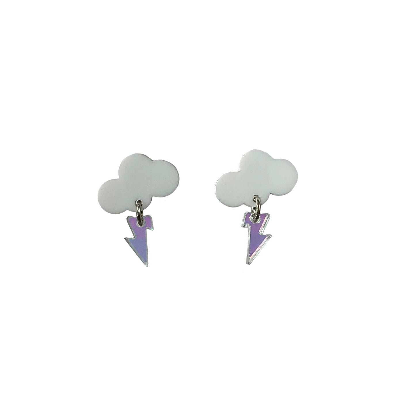 Small, solid white cloud earrings with an iridescent bolt on a white background. 
