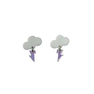 Small, solid white cloud earrings with an iridescent bolt on a white background. 