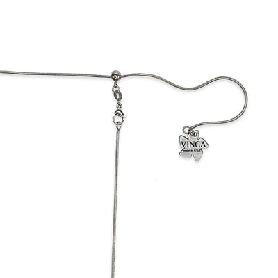 Sterling silver snake chain with Vinca branded charm on a white background.