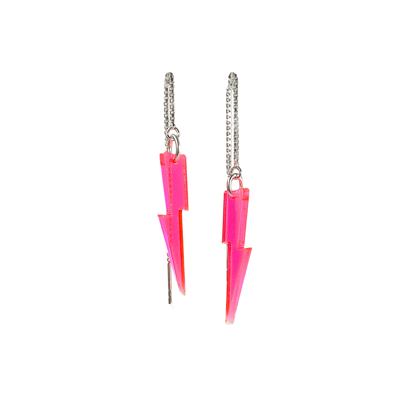 Transparent neon pink ear threader earrings on a white background.