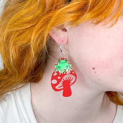 TOAD-ally FUN-gi Dangle Earrings on red mushrooms