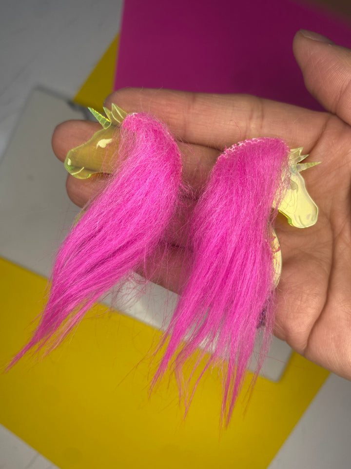 Sample Unicorn Earrings with Hot Pink Faux Fur & Magic Wand Dangles (bin D-1029)
