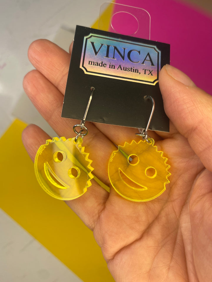 Sample Small Scrub Daddy Dangle Earrings in Transparent Neon Yellow (bin D-1009)