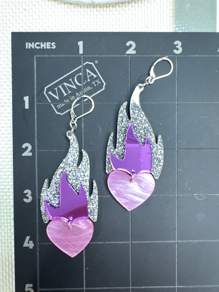 One of a kind flaming heart earrings Silver/purple/pink