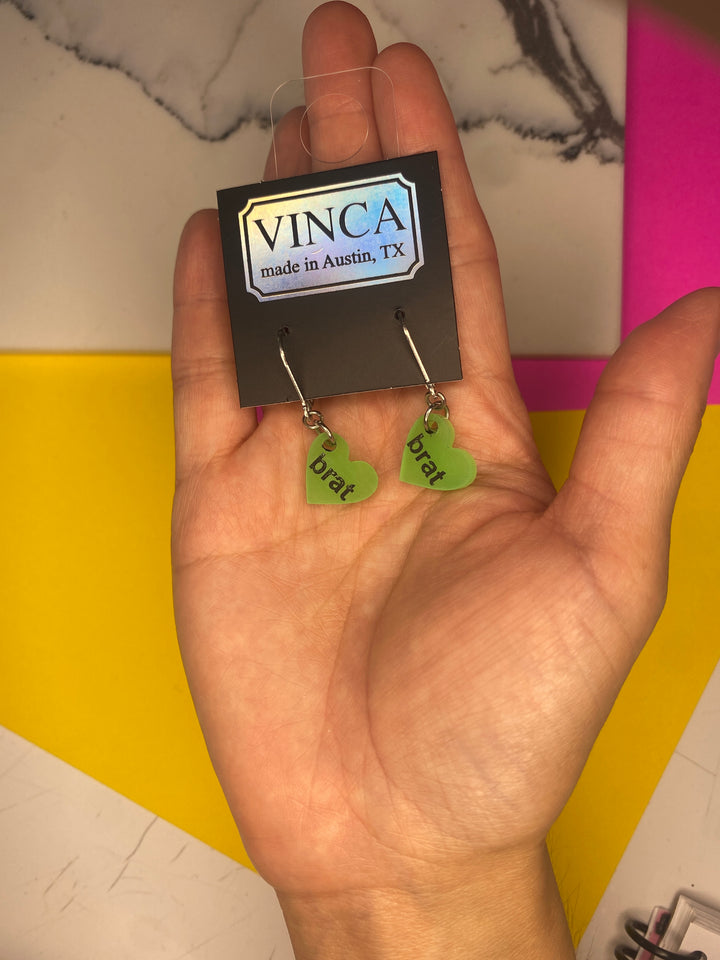 Sample Brat Heart Dangle Earrings in Glow-in-the-Dark Green (D-1032)