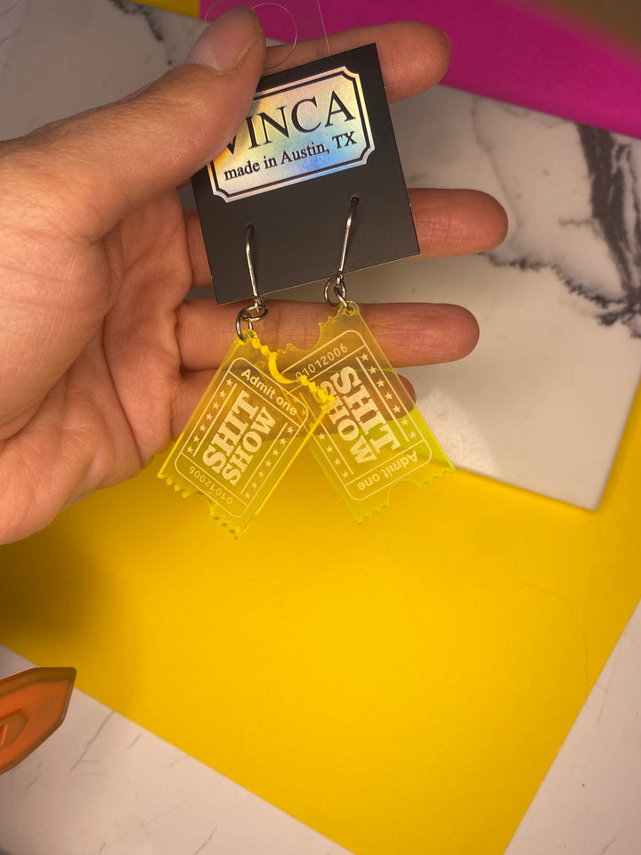 Sample XL Ticket to the Shit Show Dangle Earrings in Transparent Neon Yellow (bin D-1031)