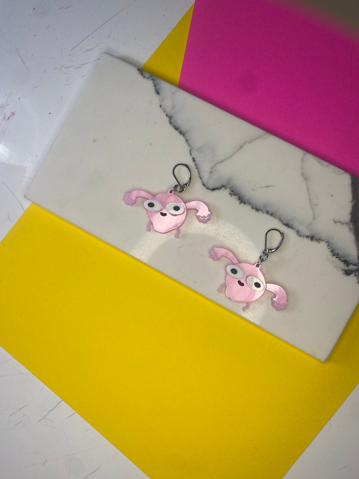 B-Grade Sarah’s Scribbles Uterus Dangle Earrings in Pearl Pink (bin D-1004)