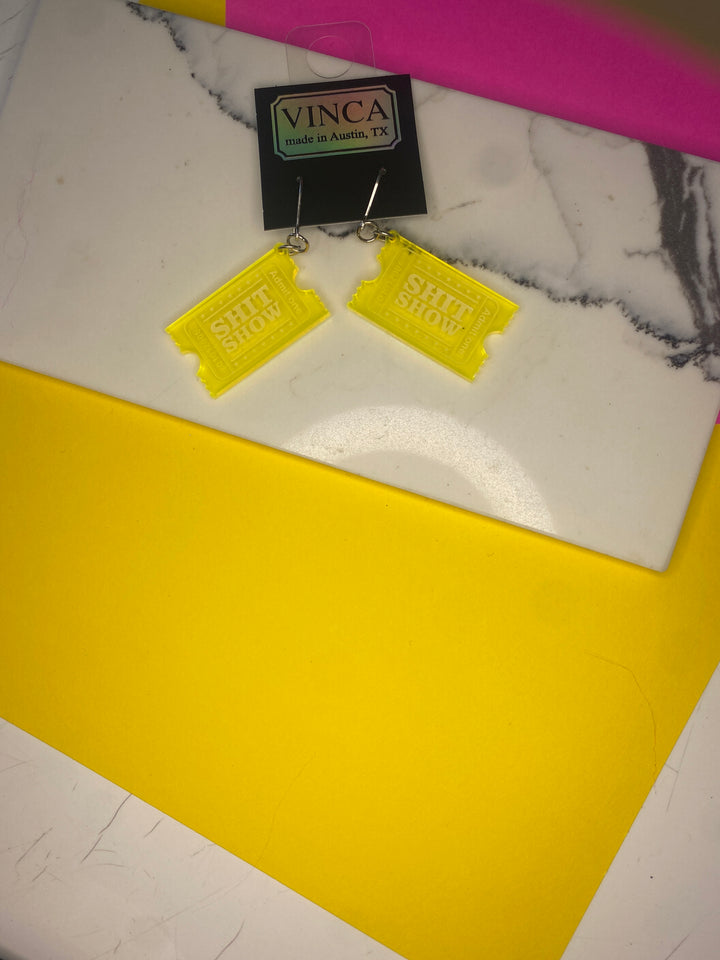 Sample XL Ticket to the Shit Show Dangle Earrings in Transparent Neon Yellow (bin D-1031)