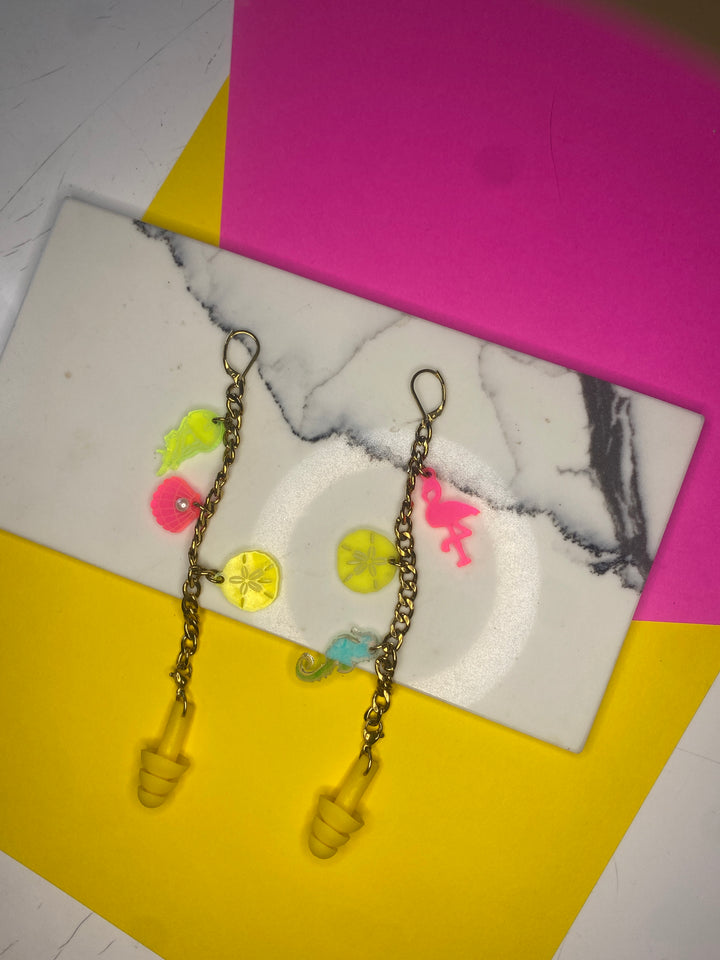 “Beach-y Vibes” Earrings/Ear Plugs Combo with beach-themed charms (bin D-1027)