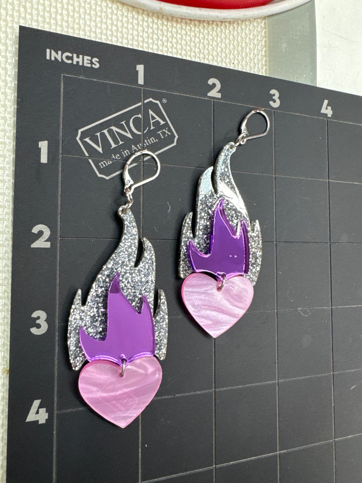 One of a kind flaming heart earrings Silver/purple/pink
