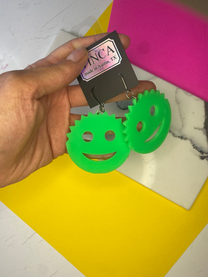 Sample XL Scrub Daddy Dangle Earrings in Neon Green (bin D-1008)