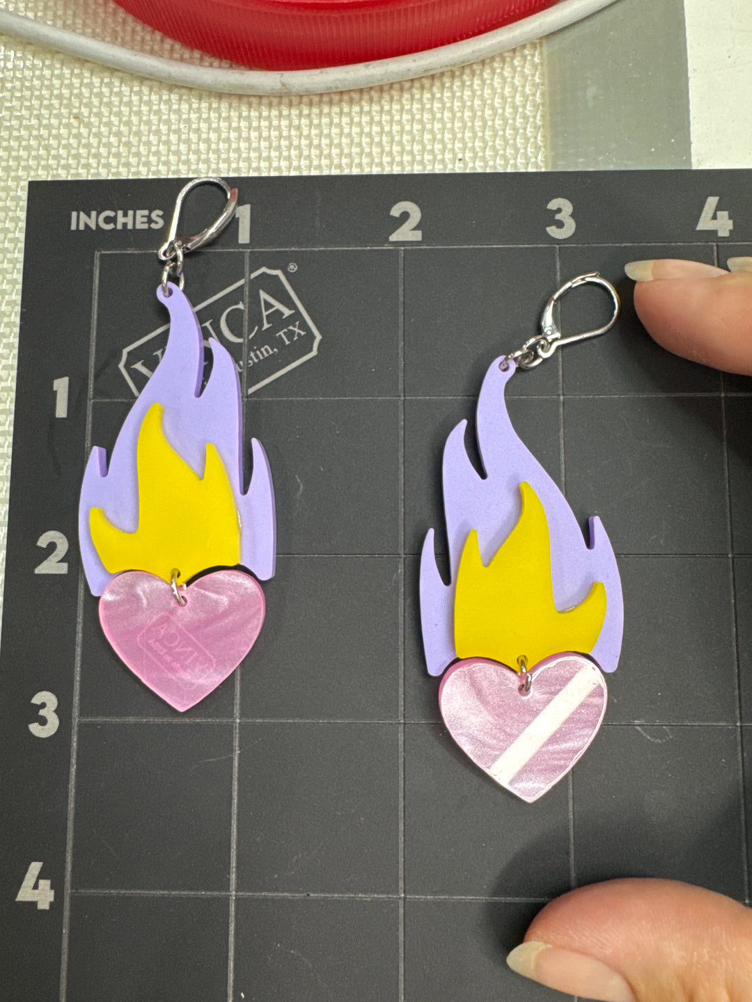 One of a kind flaming heart earrings Lavender