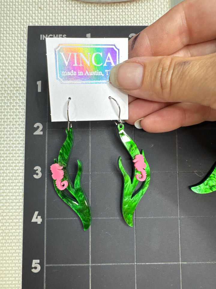 Seaweed and seahorse earrings in pink and green