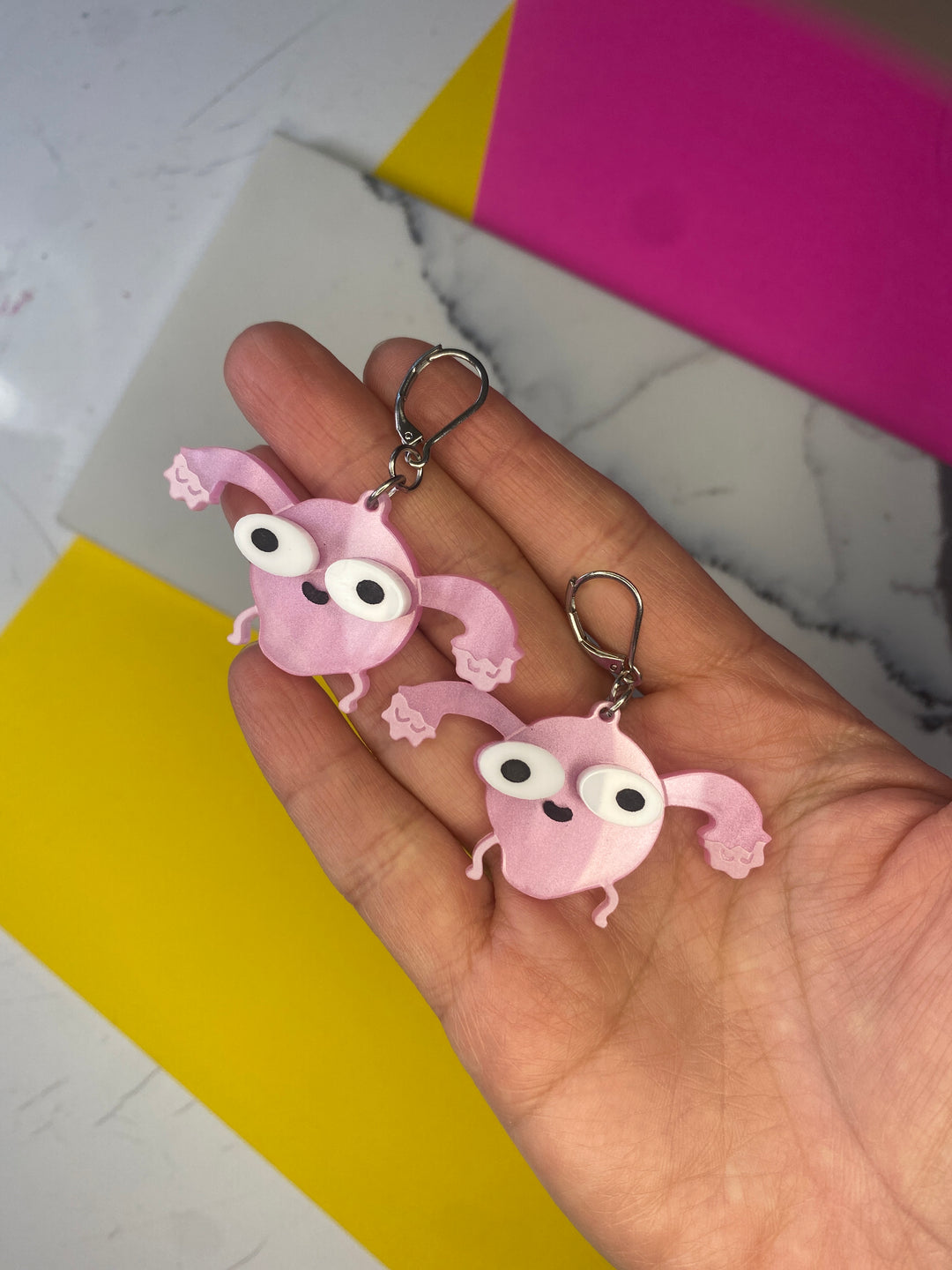 B-Grade Sarah’s Scribbles Uterus Dangle Earrings in Pearl Pink (bin D-1004)