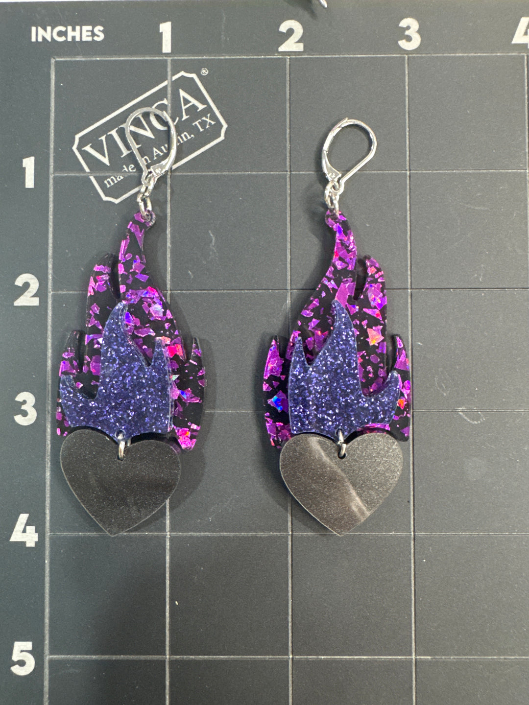 One of a kind flaming heart earrings