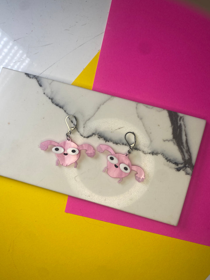 B-Grade Sarah’s Scribbles Uterus Dangle Earrings in Pearl Pink (D-1040)