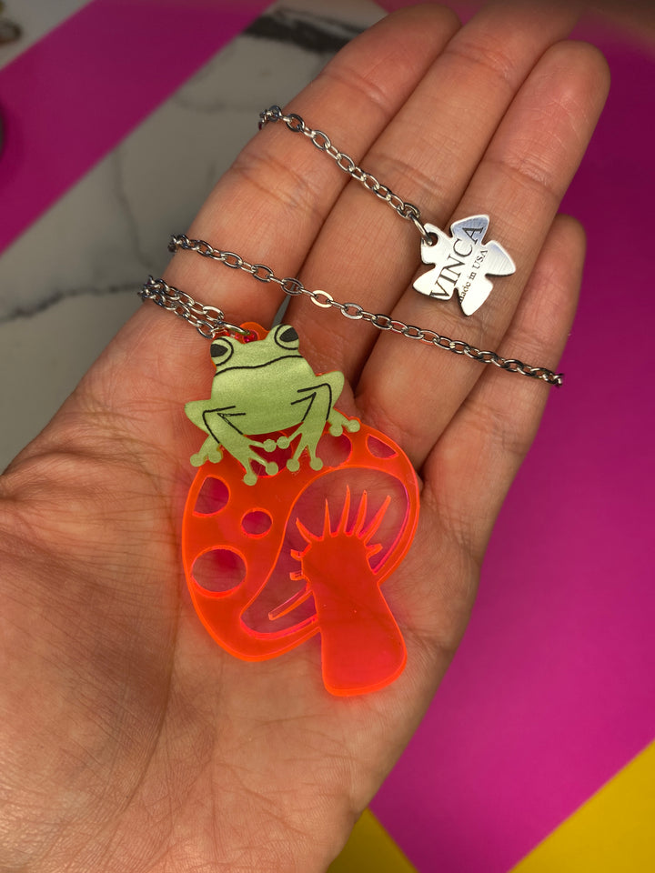Last Chance Trippy Frog & Pink Mushroom Necklace (bin C-117)