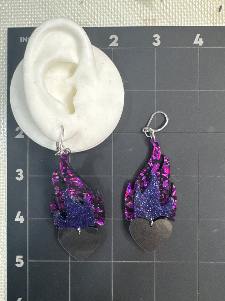 One of a kind flaming heart earrings