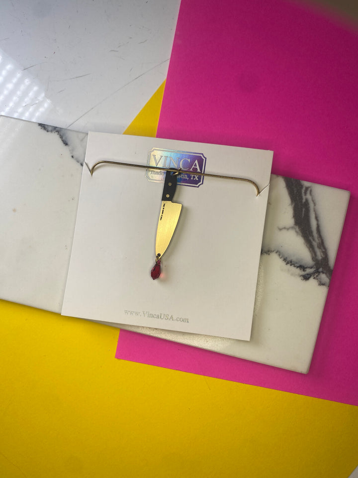 Sample Chef’s Knife with Crystal Blood Drop Necklace in Gold Tone (D-1041)