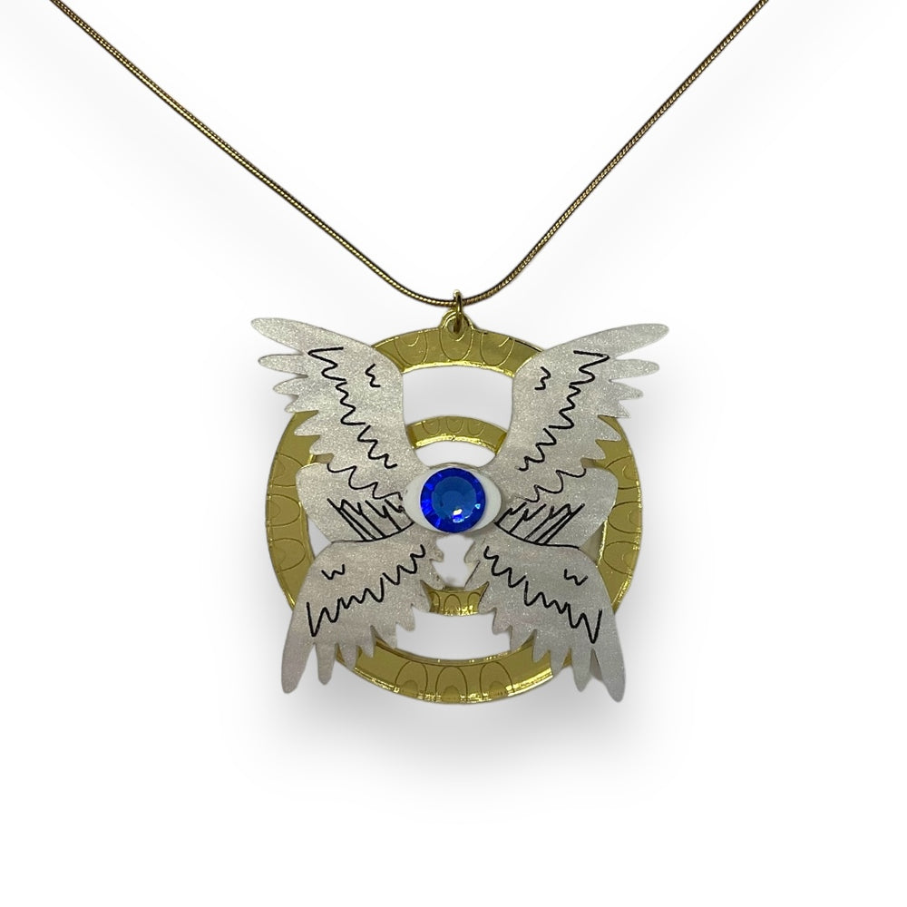 Our handmade Sarah's Scribbles Seraphim necklace on a solid white background.