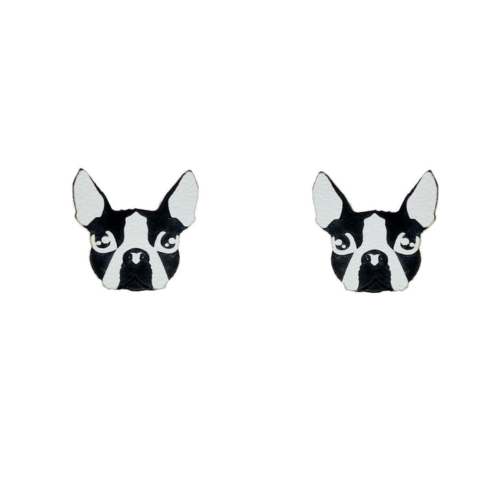 Boston Terrier stud earrings on a white background.