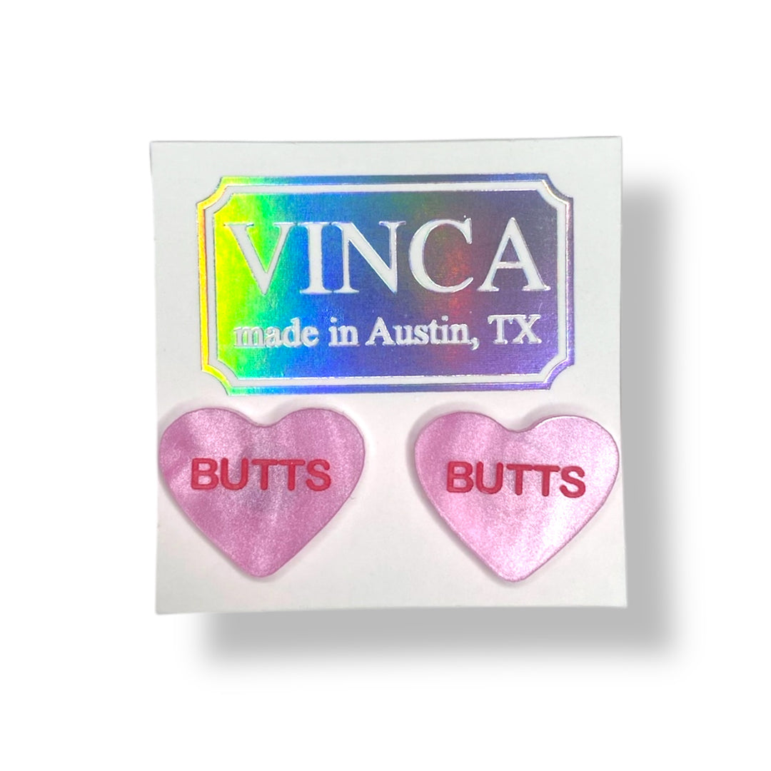 Valentine's Day Butts Conversation Candy Heart Earrings on a white card and white background.