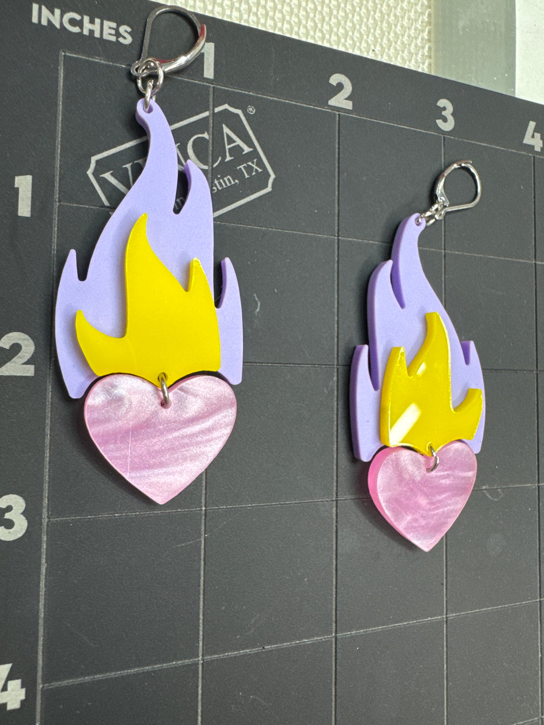 One of a kind flaming heart earrings Lavender