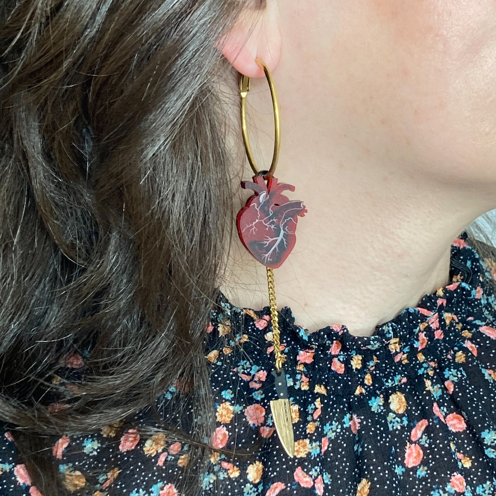 Anatomical Heart gold plated stainless steel Hoop Earrings in frosted red. 