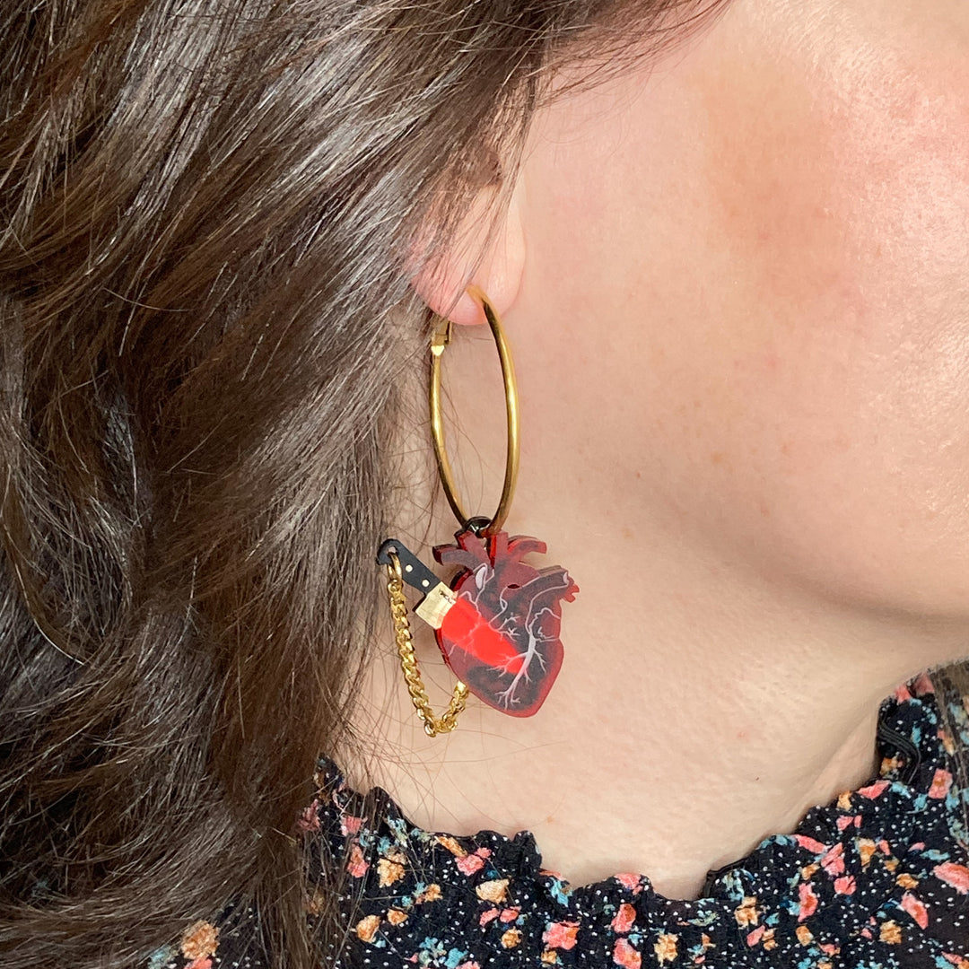 The original Chopped Heart Hoops in frosted red with gold plated, surgical steel hoops. 