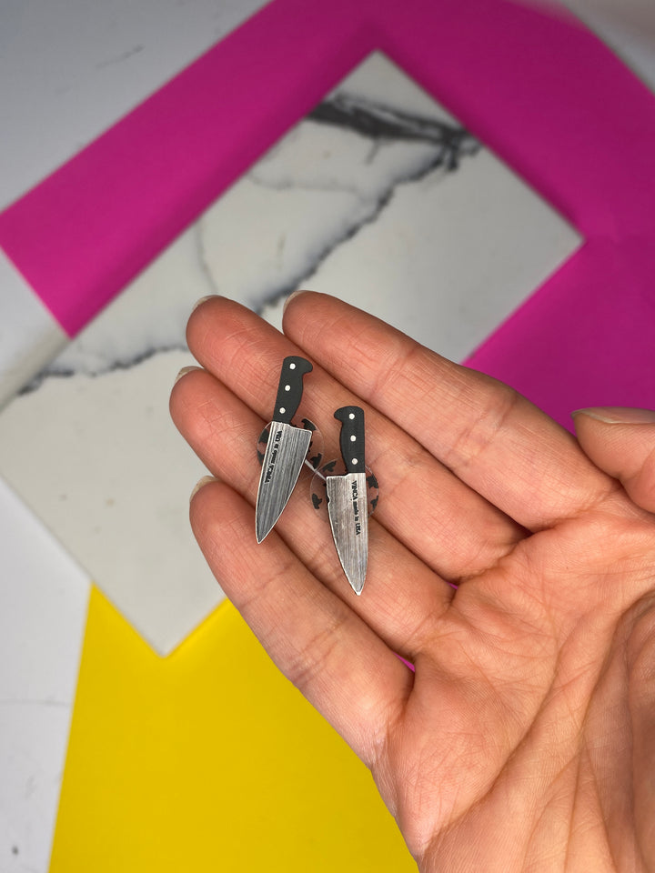 B-grade 1” Chef’s Knife Earrings in silver tone (bin D-095)