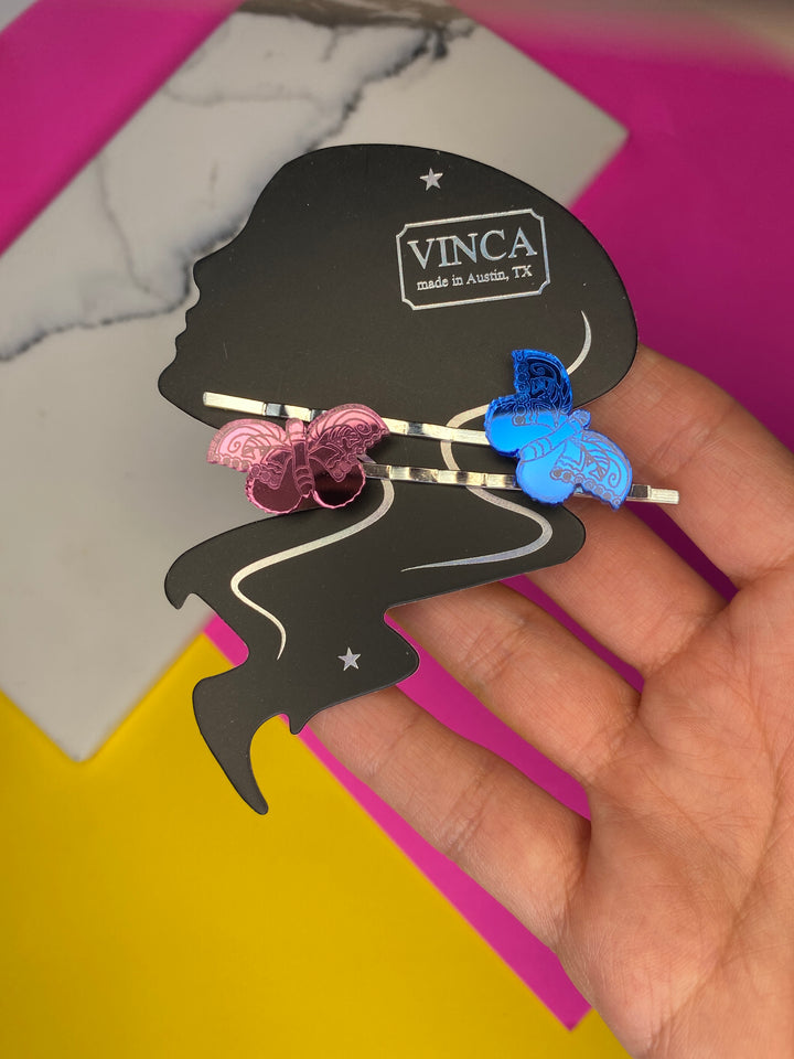 Sample Frida Kahlo-inspired Butterfly set of 2 BIG Mirror Pink & Blue Bobby Pins (bin C-104)