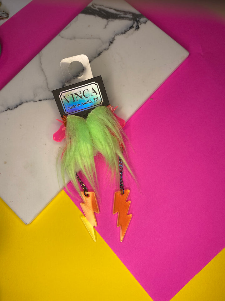 Sample Pink Pony with Green Hair & Dangly Lighting Bolt Earrings (bin C-113)