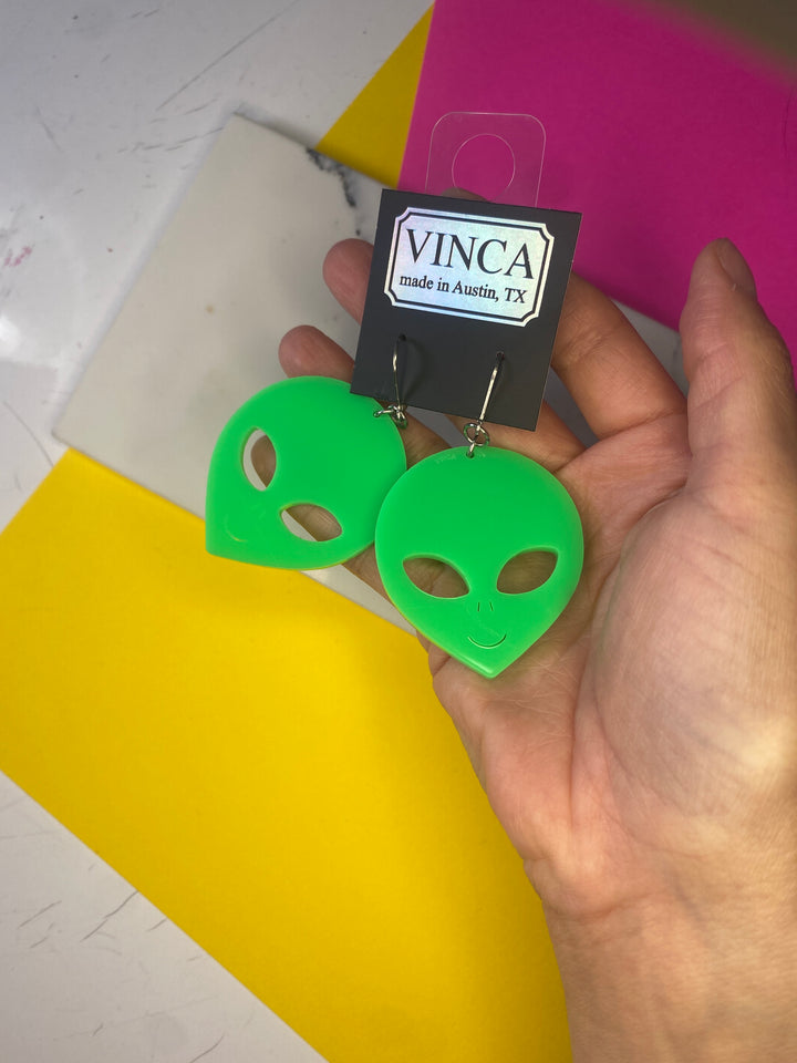 Sample XL Alien Dangle Earrings in Neon Green