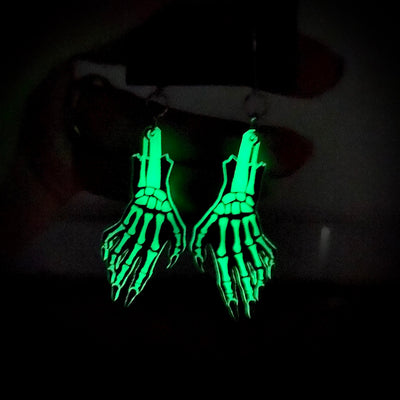 You Glow, Ghoul! Skeleton Hand Dangly Earrings - Glow in the Dark