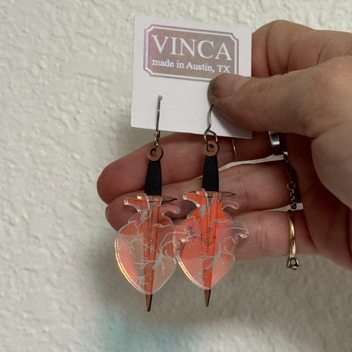 Sample Iridescent Anatomical Heart with Dagger Hook Earrings (bin A-06-07)