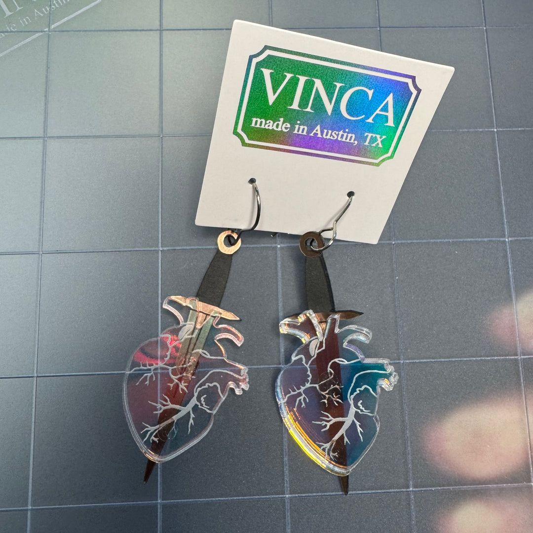Sample Iridescent Anatomical Heart with Dagger Hook Earrings (bin A-06-07)